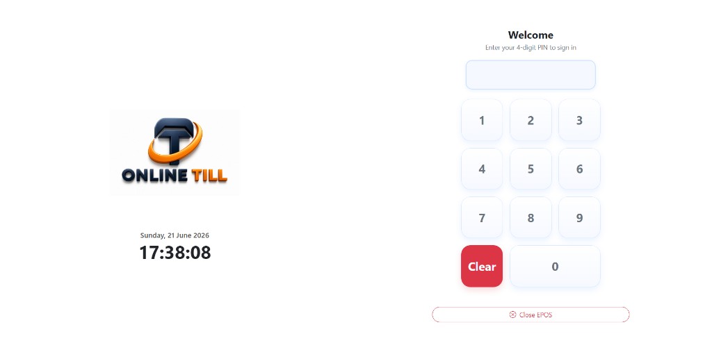 Online Till secure PIN login screen