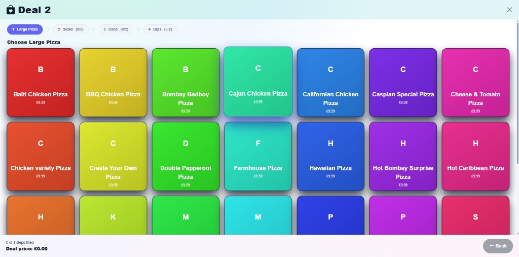 Online Till meal deal builder showing pizza choices