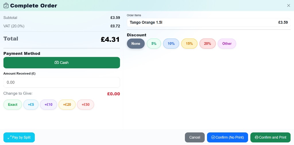 Online Till Complete Order payment screen